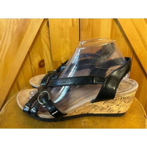 Life Stride Cork Wedge Black Strappy Sandals Size 8.5M - Picture 3 of 8